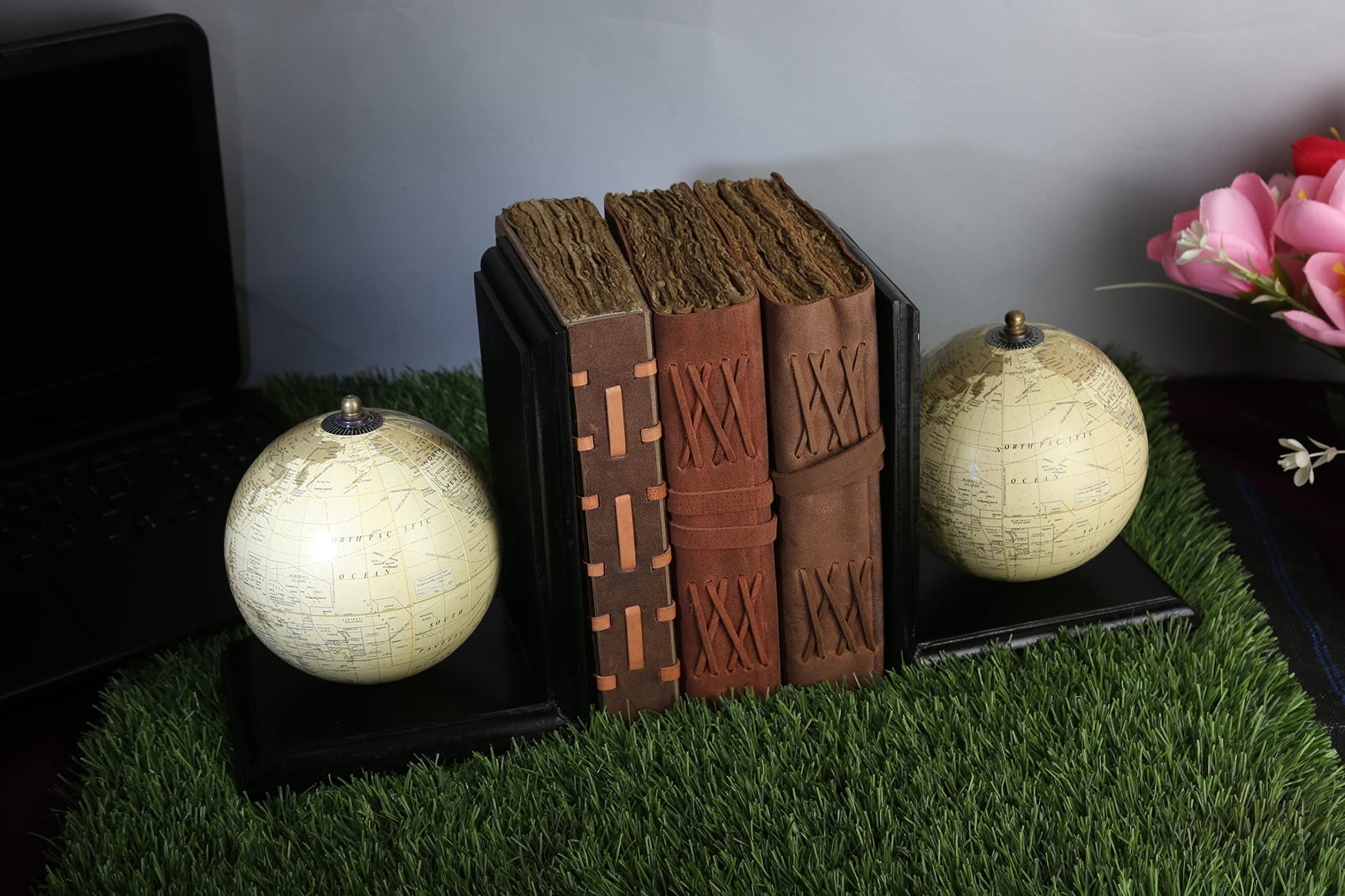 Vintage globe bookends with olde worlde journals